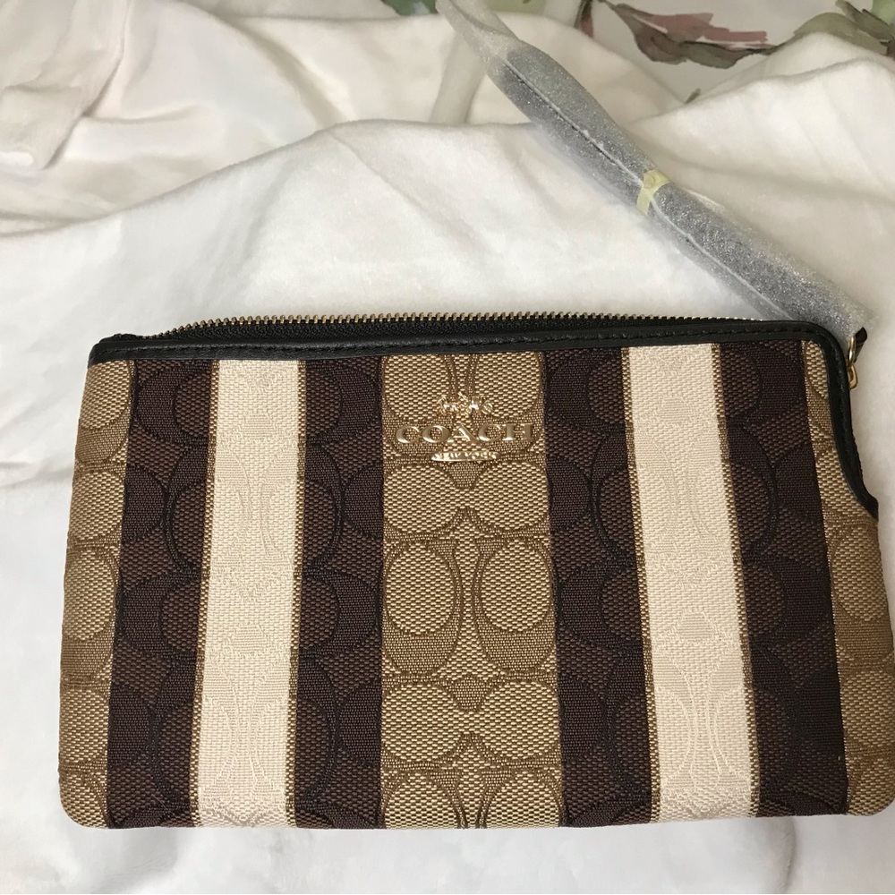 Coach Brown and Cream Wristlet with Striped Pattern NWT